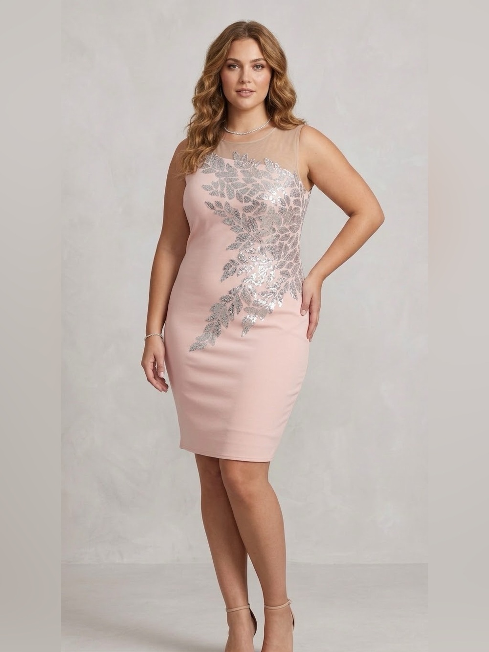 Tadashi Shoji Blush Pink Sheath sleeveless cocktail Dress Silver Sequin Leaf XL
